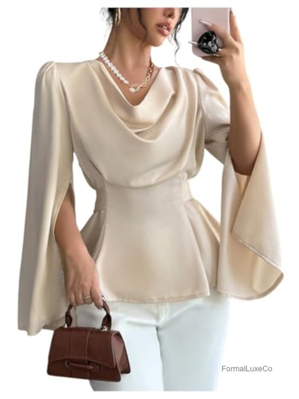 Women's Cowl Neck Satin Blouse Long Sleeve Peplum Bow Tie Back